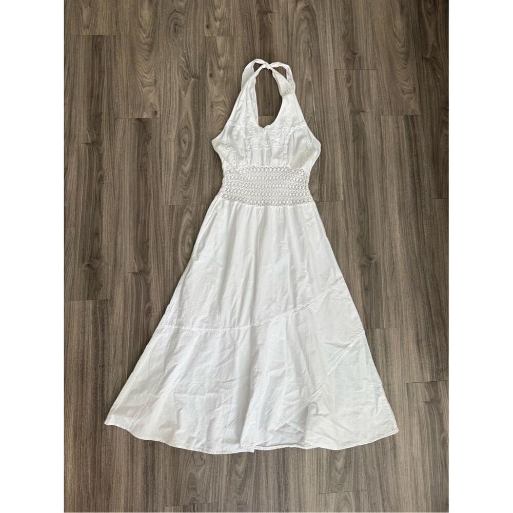 Lielle White Linen Blend Halter Maxi Dress Boho Crochet Resort Vacation Ibiza